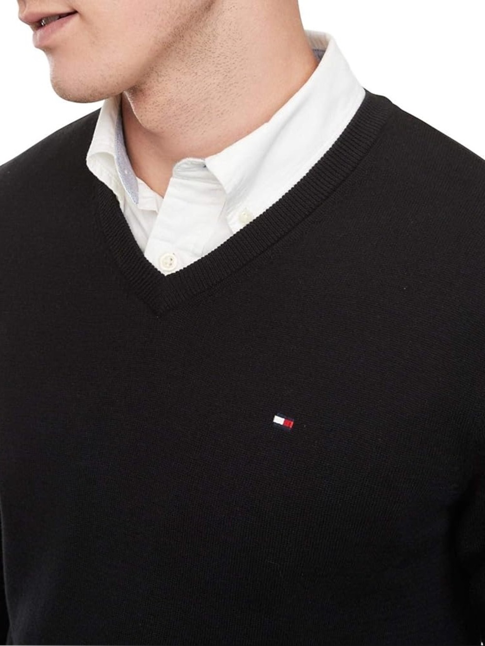 Tommy Hilfiger Men's Black V-Neck Pullover with Flag Logo